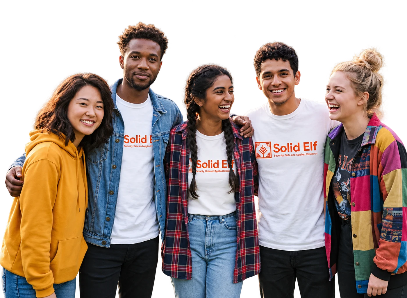 A diverse group wearing Solid Elf-branded shirts