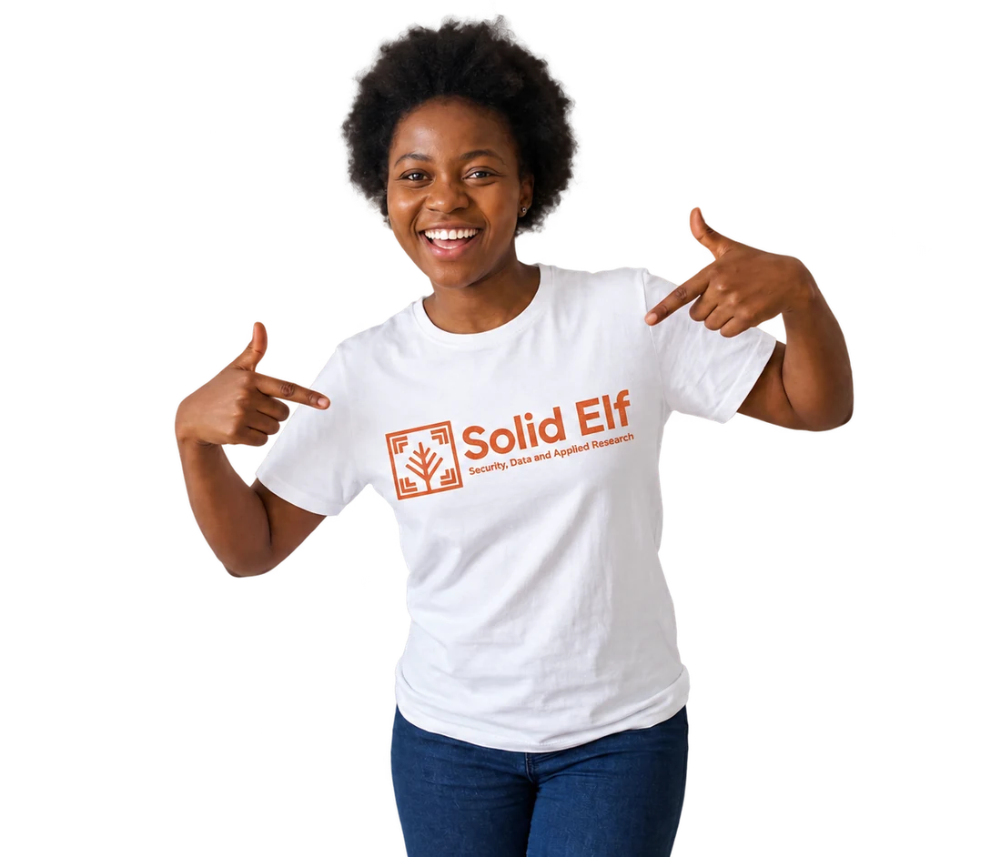 Person wearing a Solid Elf shirt and pointing toward the community invitation